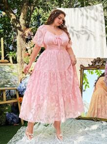Flirla 大码春夏大码圆领复古浪漫优雅度假海滩大 A 字型分层连衣裙，后系带灯笼袖 - 粉色 - 查看 7