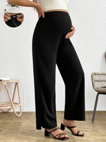SHEIN Maternity Black Straight Leg Pants With Ankle Slits & Adjustable Length - Black - View 1