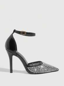 CUCCOO SZL Sandalias de tacón alto y con puntera de rhinestone y recortes calados para mujer, tacones altos formales negros para boda y fiesta, zapatos de primavera