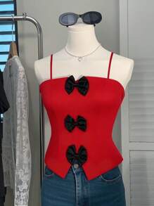 INAWLY Débardeur de mode fendu à ourlet avec décoration en nœud pour femmes - Rouge - Voir 3