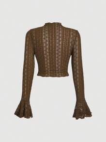 SHEIN MOD Plus Size Women'S Black Solid Color Lace Stand Collar Flare Sleeve Top - Brown - View 2