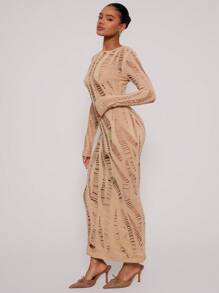 MUSERA 长袖做旧针织长裙，优雅春季性感可爱波西米亚风海滩度假夏季节日复古风 - 杏色 - 查看 4