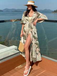 DAZY 女士 V 领花卉印花宽松度假海滩罩衫，绿色，春夏 - 綠色 - 查看 4