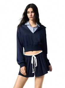 LYSMO 2 pièces Ensemble pour femme - Top à manches longues à imprimé à carreaux et jupe plissée - Bleu marine - Voir 4
