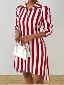 EMERY ROSE Casual Color Block Striped Bishop Sleeve Shirt Dress, Autumn