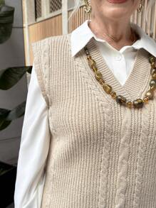 SHEIN LUNE Women's Solid Color V-Neck Loose Casual Sweater Vest - Khaki - View 7