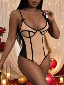 Slaydiva 新年快乐新款性感华丽网眼拼接撞色黑色和杏色线条装饰吊带蝴蝶结女式紧身衣-T