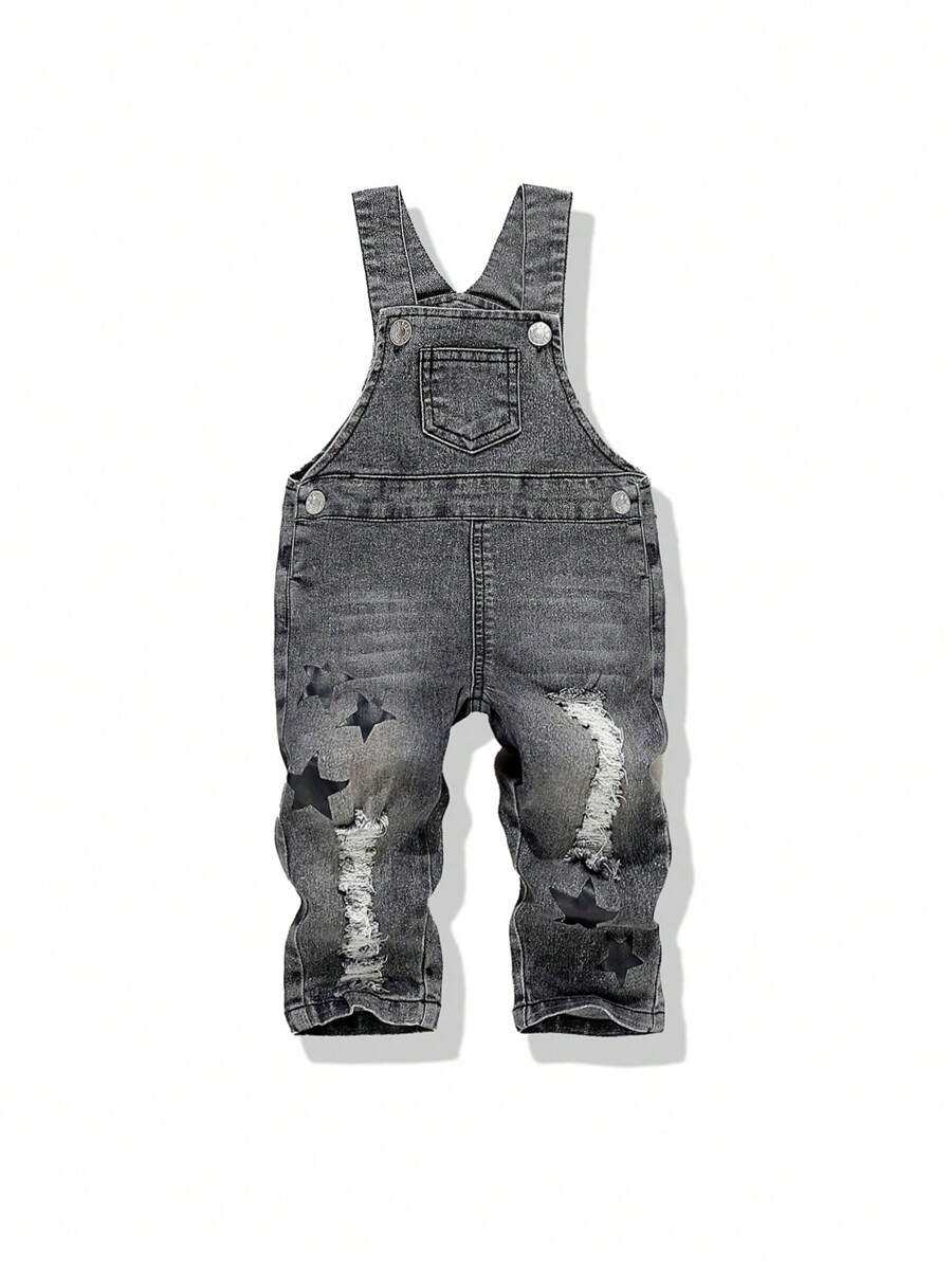SHEIN Toddler Boys' Versatile Comfortable Washed Soft Street Style Star Printed Elastic Denim Overalls Pants, Suitable For Spring And Autumn