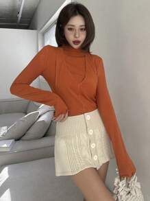 DAZY Women's Knitted Turtleneck Sweater And Deep V-Neck Halter Vest 2 Pieces T-Shirt Set, Rust-Brown, Spring/Summer/Autumn Long Sleeve Women Tops, Fall Women Clothes - Rust Brown - View 6