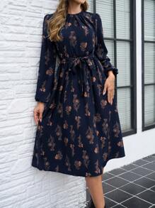SHEIN Clasi Vestido casual de mujer de manga larga y cuello redondo con estampado total, versátil para otoño/invierno