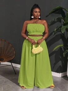 Slaydiva 女式大码荷叶边吊带上衣和纸袋腰阔腿裤 - 橄欖綠 - 查看 7