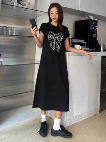 DAZY Women Bow Print T-Shirt Midi Dress Sundress,Casual Women Dresses