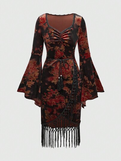 Vestido midi de mujer con mangas abombadas, borde con flecos y cinturón tejido de estilo retro hippie, para Año Nuevo