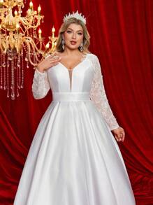 Glamrae Plus Size Elegant Romantic Lace Applique Tie Strap Ruffle Hem Trailing Wedding Dress,Bride, For Valentine's Day - White - View 2