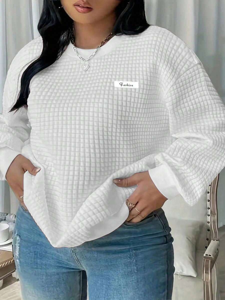 INAWLY Women's Plus Size Textured Crew Neck Sweatshirt Pullover Fall Winter Autumn - White - View 1