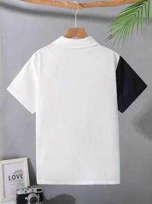 Tween Boy Casual Color Block Patchwork Polo Collar Short Sleeve Shirt, Suitable For Spring/Summer, Outdoor Play, School, Street, Party And Leisure Wear