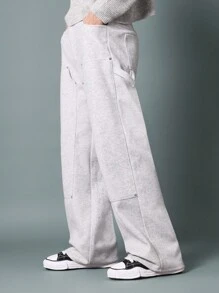 SUMWON Carpenter Style Wide Leg Sweatpants Utility Workwear Jogger Pants Fall Winter Loungewear Athletic Fleece Bottoms Relaxed Fit Casual Sports - Grey - View 1