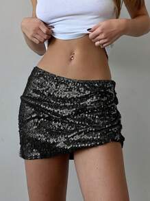 Aloruh 女士万圣节和圣诞节低腰亮片迷你裙，适合派对/舞会/返校场合 - 黑色 - 查看 3