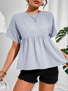 SHEIN Essnce Women's Plain Scoop Neck Batwing Sleeve Pleated Casual Blouse