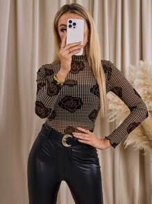 SHEIN Clasi Elegante camicetta in chiffon con stampa a rose, collo alto, maniche lunghe trasparenti per donne - Bianco e nero - Visualizzare 1