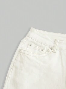 ROMWE Goth Women's Simple Front Button Pocket Casual Denim Low Waist Jeans, For Daily Wear - White - View 4