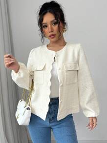 Chiquease Französisches Design Pailletten Rundhals Tasche Wellen Einreihiger Mantel für Damen, Herbst/Winter