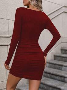 SHEIN Clasi 女士纯色深V领修身连衣裙，酒红色女装秋季服装 - 酒紅色 - 查看 2