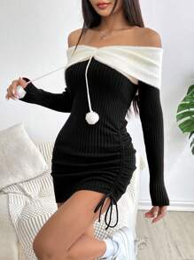 Flirla 女士露肩圣诞松紧腰短款性感修身毛衣连衣裙新年衣服 - 黑色 - 查看 5