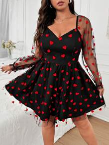 Vionelle 大码女式薄纱心形植绒印花长袖情人节连衣裙，图案有玫瑰、心形、波尔卡圆点、爱心、嘴唇、丘比特、264D 花朵 - 彩色 - 查看 7