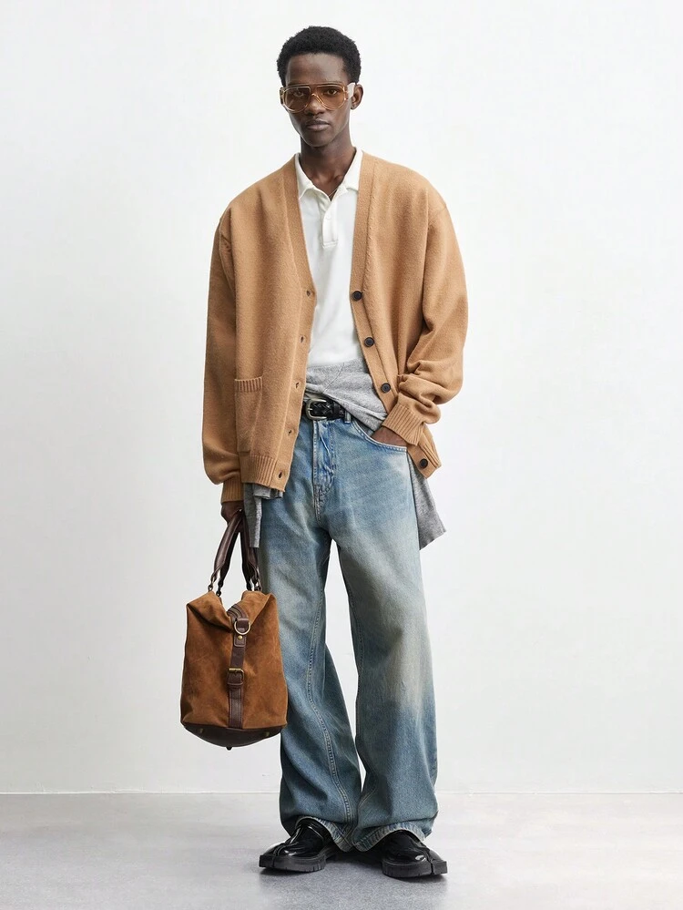 SHEIN Maija Men's 2025 Spring New Arrival Thermal Lined Thick Cardigan, Long Sleeve Knit Sweater, Casual For Daily Wear, New Year Party, Valentine's, Holiday, Commute