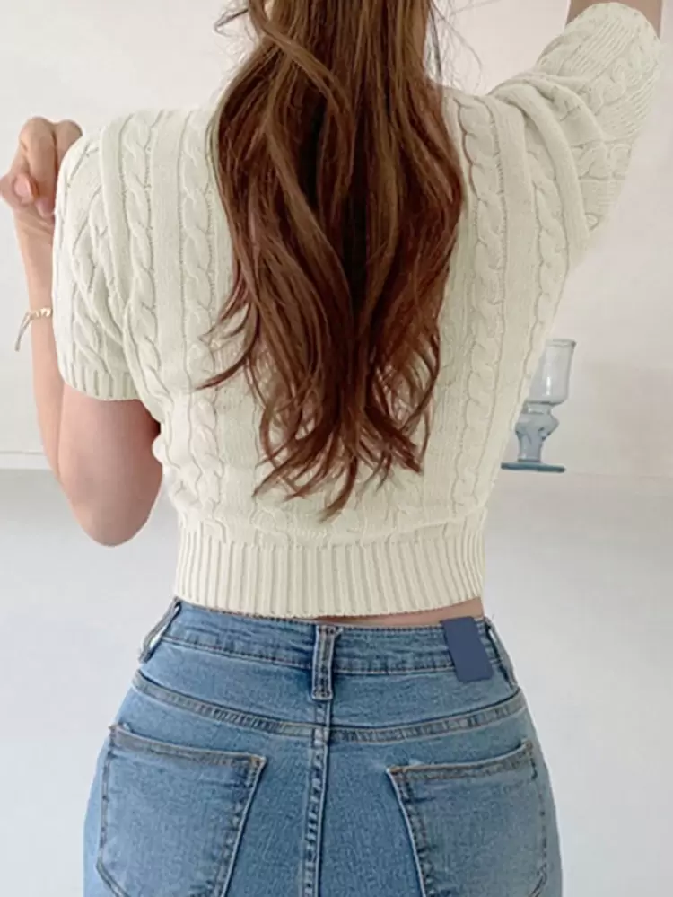Women V-Neck Cropped Short Sleeve Textured Knit Sweater, Spring/Summer