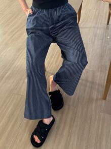 DAZY Minimalist Striped Relaxed Fit Elastic Waist Loungewear Cozy Pants, Pajama, Fall & Winter - Navy Blue - View 3