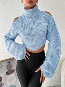 EURMUSE Turtleneck Cold Shoulder Lantern Sleeve Crop Sweater - Blue - View 5