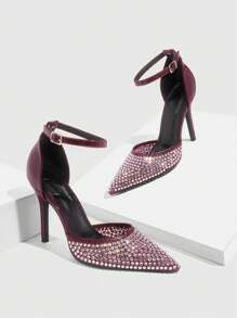 CUCCOO SZL Women's Pointy Toe High Heel Hollow Out Sandals, Rhinestone Decor, Wedding Party, Wine Red Color Spring Shoes Spring Break Easter Prom Heels - Burgundy - View 2