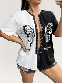 Coolane 大码女式标语、蝴蝶印花、链环、镂空、落肩短袖性感 T 恤，适合夏季 - 黑與白 - 查看 4