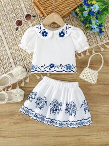 SHEIN Baby Girl Chiffon Puff Sleeve Floral Print Top With Ruched Waist Floral Print Skirt, Cute Outfit For Outings, Gatherings And Vacation - White - View 2