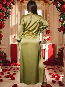 Slaydiva Women's Green Shiny Satin A-Line Split Hem Loose Dress, Suitable For Winter & Summer, New Year, Valentine's Day - Mint Green - View 3