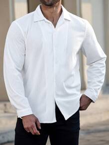 Manfinity Homme 大码男士长袖单排扣休闲纯色衬衫，秋季 - 白色 - 查看 4