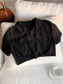 Comfortcana Women Summer Flap Pocket Knot Hem Crop Shirt,Short Sleeve Tops - Black - View 3