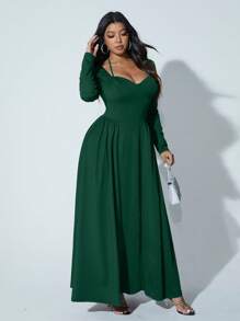 SHEIN Unity Plus Size Women Sweetheart Neck Long Sleeve Ruffle Hem Elegant Green Long Dress - Dark Green - View 4