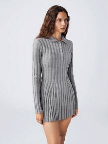LYSMO Women Casual Solid Color Polo Collar Long Sleeve Fitted Knit Sweater Dress
