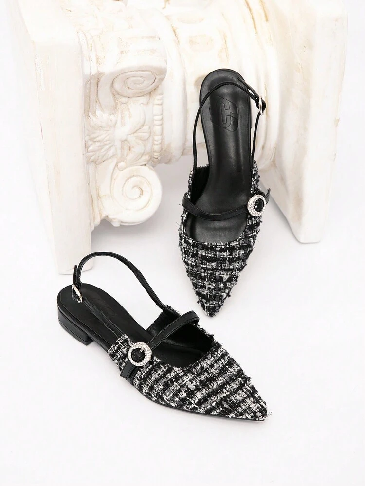 CUCCOO CHICEST Women's Autumn/Winter New Rhinestone Buckle Pointed Toe Flats, Elegant Commuter All-Match Classic Retro Black White Contrast Color Woolen Mules, Suitable For Afternoon Tea, Date, Workplace, Christmas, Thanksgiving, New Year