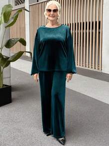 SHEIN LUNE 2pcs Women's Elegant Solid Color Long Sleeve Blouse And Pants Set Two Pieces Set Women - Dark Green - View 5