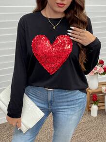 SHEIN LUNE 大码女式心形图案圆领长袖休闲运动衫新年女式T恤情人节 - 黑色 - 查看 3