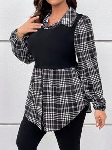 SHEIN LUNE Plus Size Women Clothing Women's Plaid Long Sleeve Casual Mock Layered TopBusiness Casual Woman