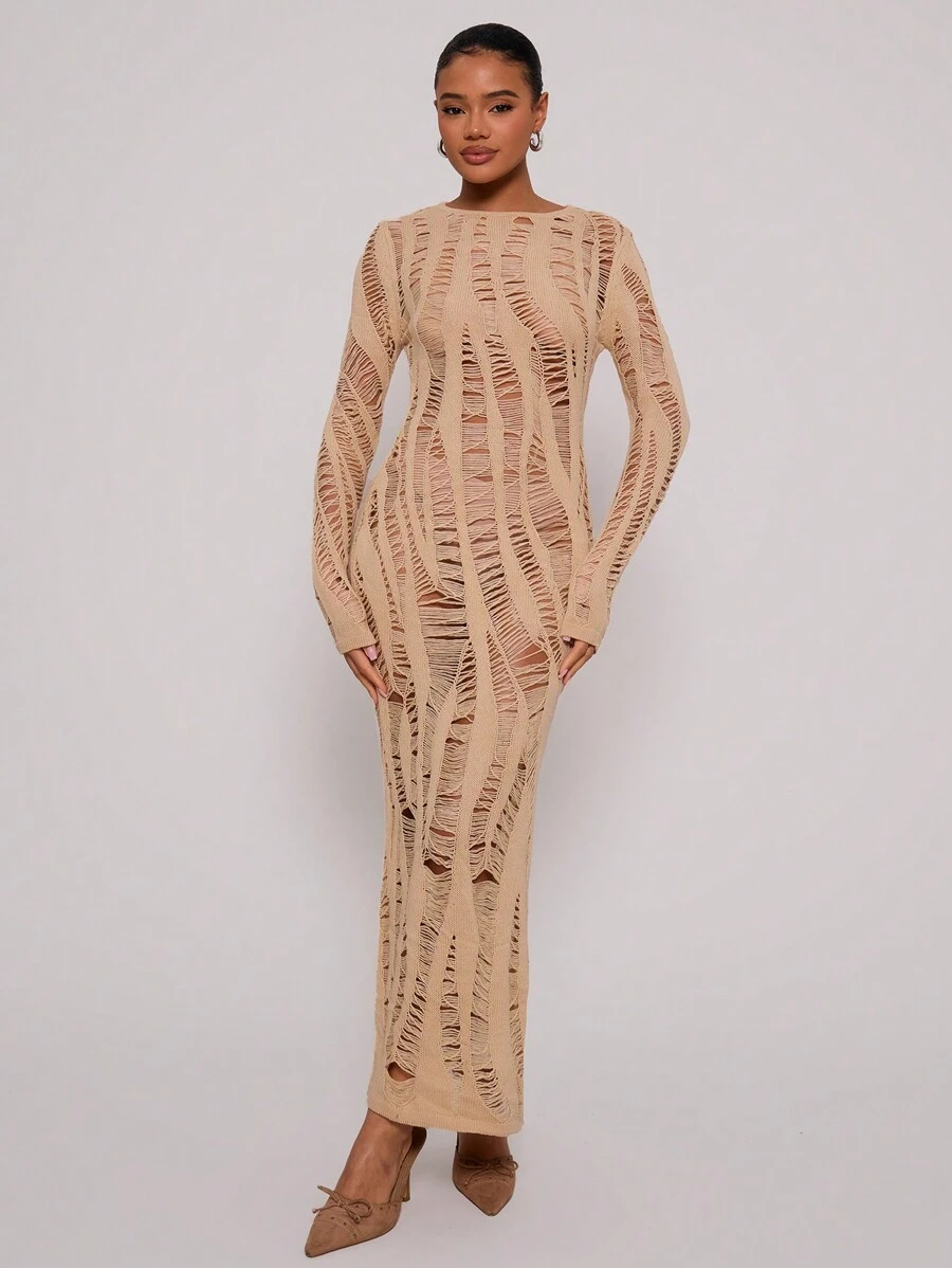 MUSERA 长袖做旧针织长裙，优雅春季性感可爱波西米亚风海滩度假夏季节日复古风 - 杏色 - 查看 1