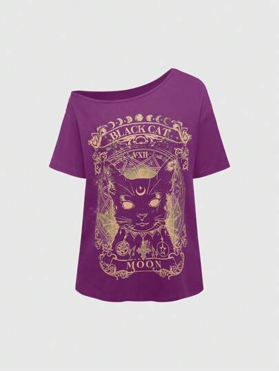 T-shirt à manches courtes avec encolure dégagée, noir, chat gothique sombre et mystérieux