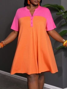 Slaydiva Casual & Sweet & Cute & Holiday Plus Size Women Solid Color Contrast V-Neck Loose Splice Shift Dress Mini - J - Multicolor - View 3