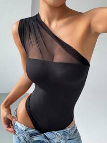 EgrlEra Nuevo body de verano con hombros oblicuos, volantes de malla y sin tirantes, de sexy al estilo europeo y americano para vacaciones y fiestas