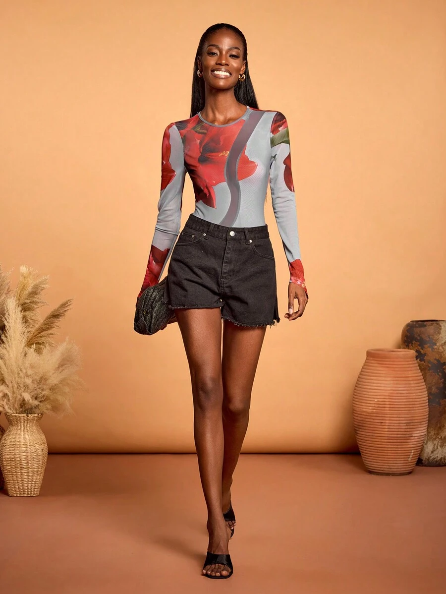 HEAVINZ LANE Designer Boho Bohemian Grey Rose Printed Mesh Sheer Long Sleeve Bodysuits Vacation Outfits, Spring & Summer, Beach, Festival, Ibiza Fits - Grey - View 1